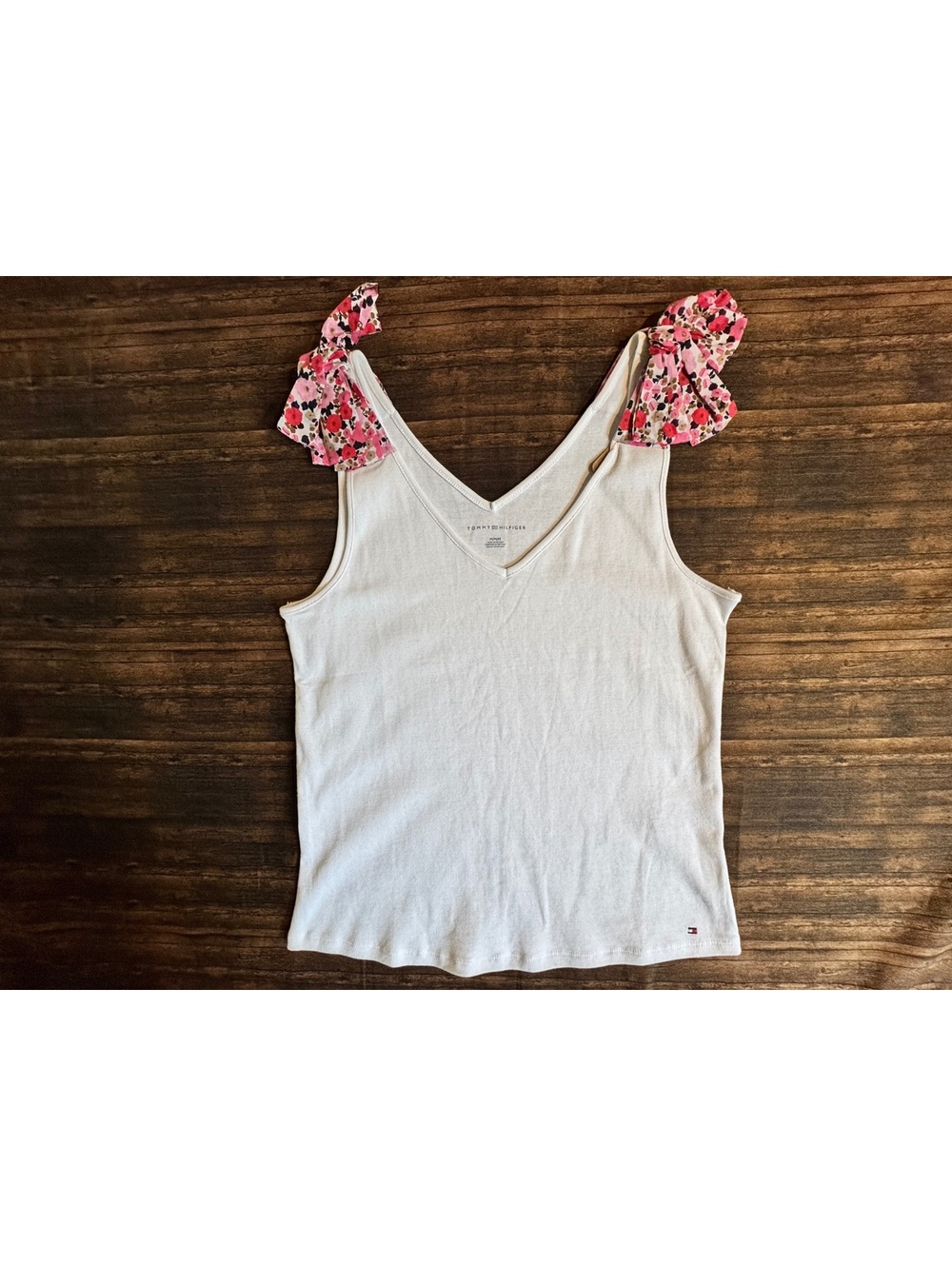 Tommy Hilfiger Women's White Cotton Tank Top with Floral Bow Shoulder Details, M